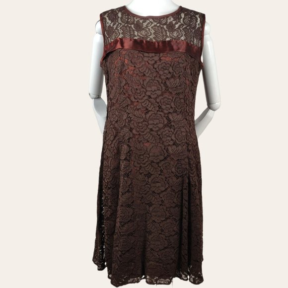 Vintage 1960s Brown Lace Cocktail Dress MOD MCM Tent Flare Satin Bow Lined M - Picture 2 of 12